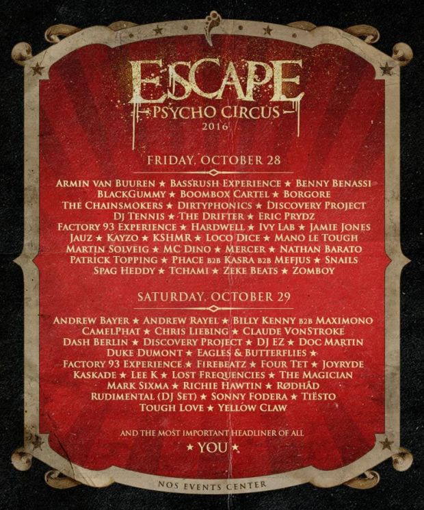 Insomniac's Escape Psycho Circus Lineup 2016